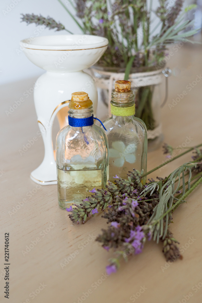 Lavanda essential oil for aromatherapy/ Wellness concept/ Provence french style/ Soft focus /Toned Lavanda essential oil for aromatherapy/ Wellness concept/ Provence french style/ Soft focus /Toned