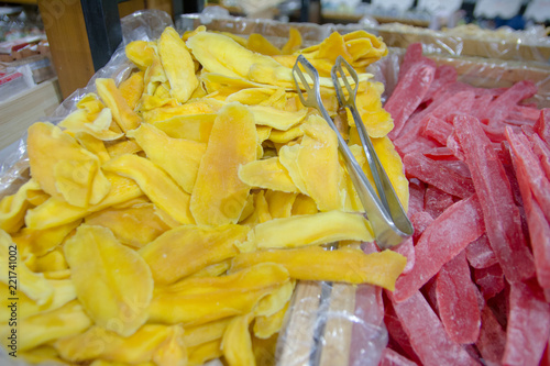 Assorted dried fruits at bazaar.Assortment of organic dry, dried fruits, counter on the food market, organic healsy healthy snack, selective focus photo