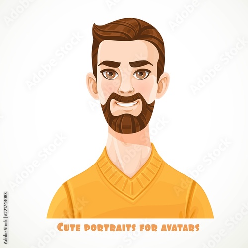 Cute bearded brunette men in a yellow casual pullover portrait for avatar isolated on a white background