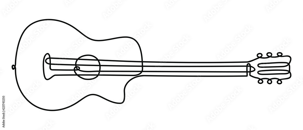 Obraz premium One line drawing of a musical stringed guitar instrument isolated on white background.