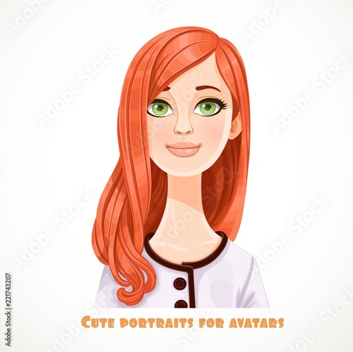 Beautiful green-eyed red haired woman with a long hair portrait for avatar isolated on white background