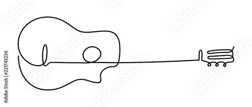 One line drawing of a musical stringed guitar instrument isolated on white background.