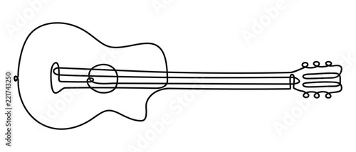One line drawing of a musical stringed guitar instrument isolated on white background.