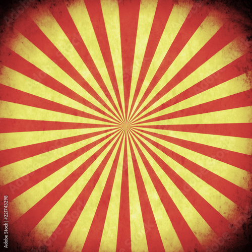 A square box with red and yellow stripes converging and forming a circle. Aged old retro vintage texture. 