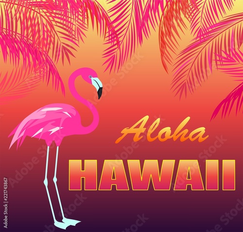 T shirt hot tropical print with Aloha Hawaii lettering, flamingo and orange and pink palm leaves silhouettes