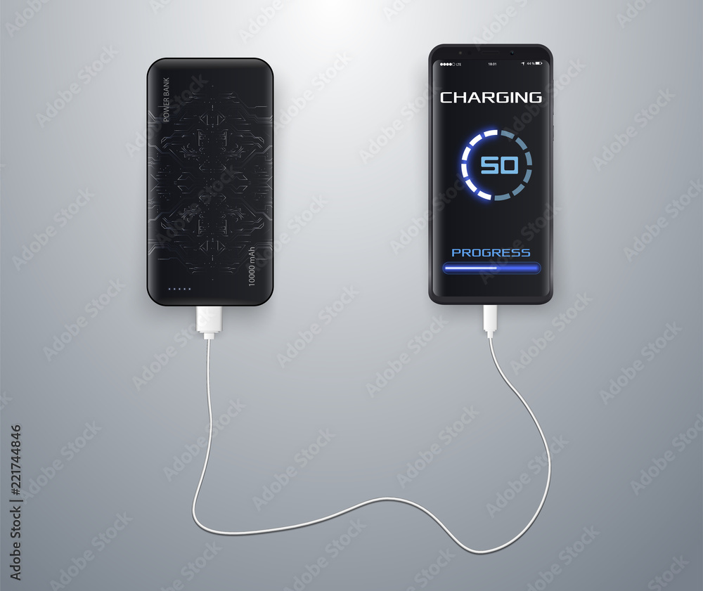 powerbank charging a black smartphone on white background powerbank charging a black smartphone on white background