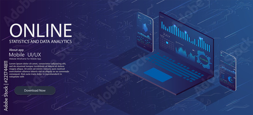 	 Mobile app infographic template with modern design weekly and annual statistics graphs.Digital money market, investment, finance and trading. Perfect for web design,Isometric