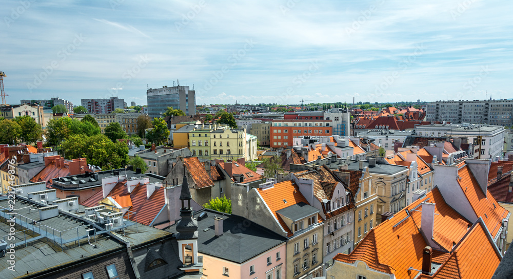 Panorama from the main building in the town of Opole. Colorful houses and pavements, magnificent area. Historical architecture of Europe.