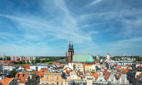 Panorama from the main building in the town of Opole. Colorful houses and pavements, magnificent area. Historical architecture of Europe.