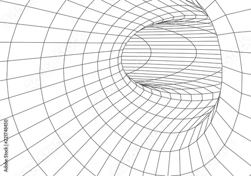 Tunnel or wormhole. Digital 3d wireframe tunnel. 3D tunnel grid. Network cyber technology. Surrealism. Background abstract vector image. 3D illustration tunnel