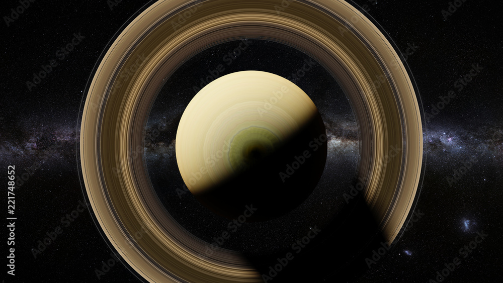 Naklejka premium planet Saturn, the sixth planet in the Solar System, top view with Milky Way