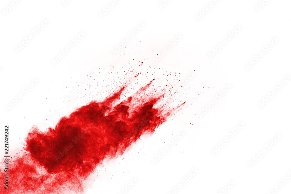 Freeze motion of red powder exploding, isolated on white background. Abstract design of red dust cloud. Particles explosion screen saver, wallpaper Freeze motion of red powder exploding, isolated on white background. Abstract design of red dust cloud. Particles explosion screen saver, wallpaper