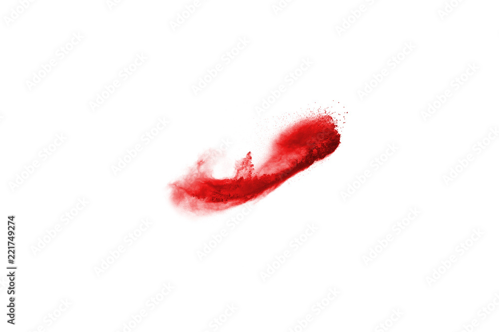 Freeze motion of red powder exploding, isolated on white background. Abstract design of red dust cloud. Particles explosion screen saver, wallpaper Freeze motion of red powder exploding, isolated on white background. Abstract design of red dust cloud. Particles explosion screen saver, wallpaper