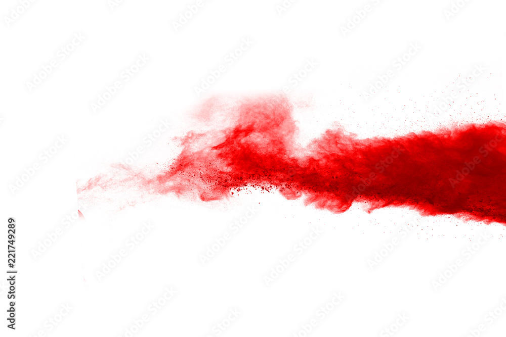 Freeze motion of red powder exploding, isolated on white background. Abstract design of red dust cloud. Particles explosion screen saver, wallpaper