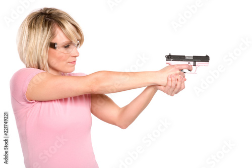Blonde Woman Shooting Pink Handgun