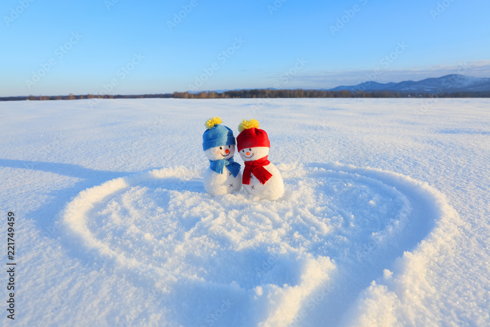 Happy Couple Of Snowman In Love Standing On The Snow Painted Heart Writings 19 Landscape With Mountains In The Cold Winter Day Stock Photo Adobe Stock