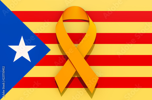 Yellow ribbon on the Catalonian flag. Catalonia independence concept, 3D rendering