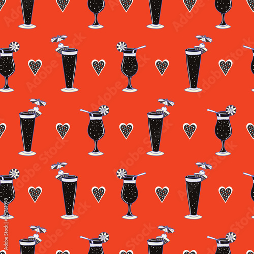 Tropical Cocktails Glass Seamless Vector Pattern, Hand Drawn Bar Drinks Illustration of Glasses for New Year Restaurant Celebrations Menu, Love Stag Hen Party Decor, St Valentines Day Card,Invitations
