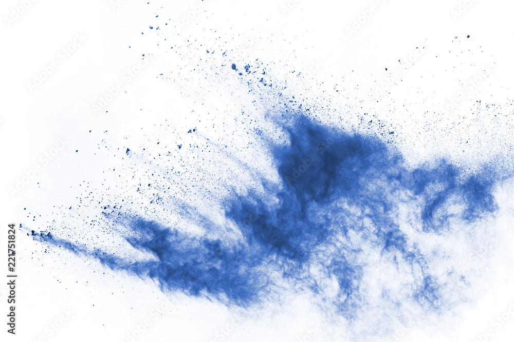 Obraz premium Blue powder explosion on white background. Colored cloud. Colorful dust explode. Paint Holi.