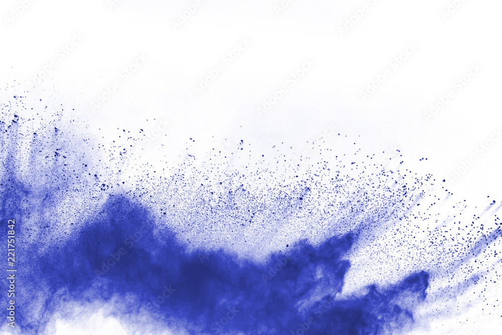 Fototapeta premium Blue powder explosion on white background. Colored cloud. Colorful dust explode. Paint Holi.