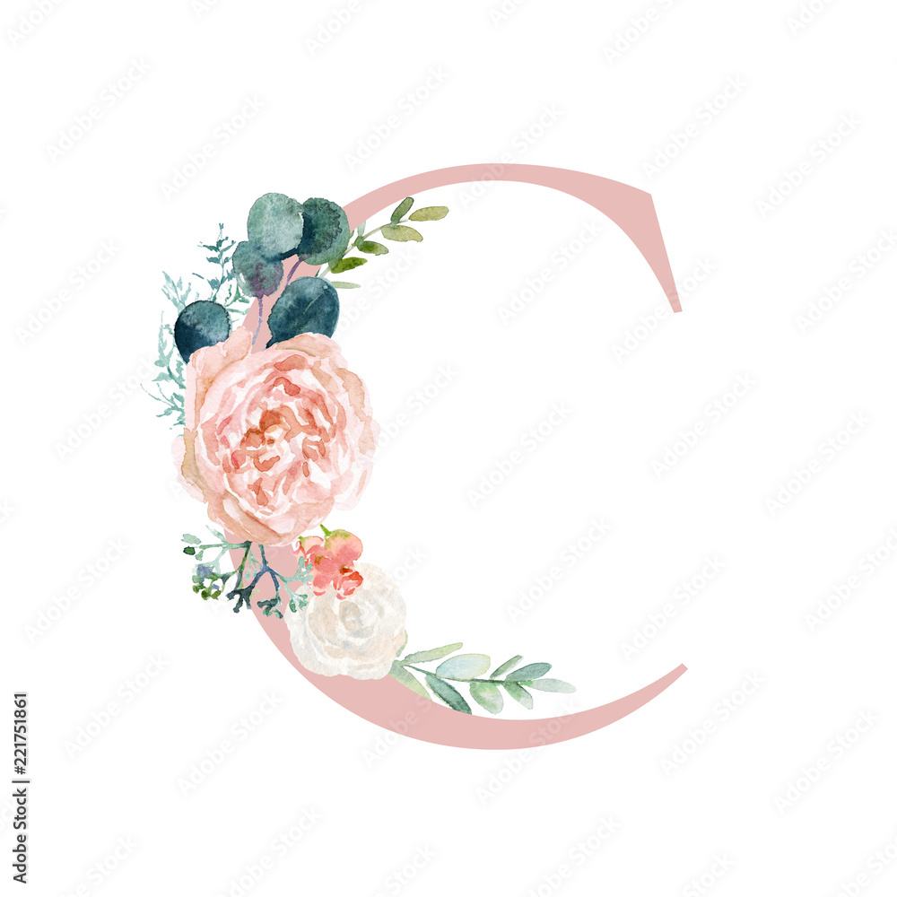 Floral Alphabet blush / peach color letter C with flowers bouquet
