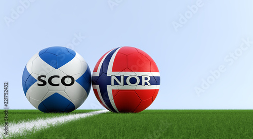 Scotland vs. Norway Soccer Match - Soccer balls in Scotland and Norway national colors on a soccer field. Copy space on the right side - 3D Rendering