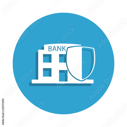 bank under protection icon in badge style. One of cyber security collection icon can be used for UI, UX