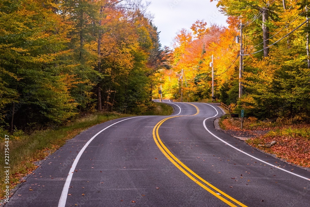 A windy road surrounded by fall color in New England A windy road surrounded by fall color in New England