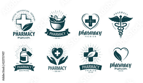 Pharmacy, drugstore logo or label. Medicine, medication symbol. Vector illustration