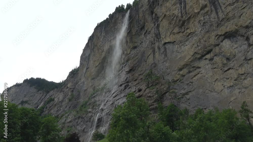 View waterfall Staubbachfall in mountains, valley of waterfalls in city Lauterbrunnen, Switzerland, Europe. Summer landscape, sunshine weather, blue sky and sunny day View waterfall Staubbachfall in mountains, valley of waterfalls in city Lauterbrunnen, Switzerland, Europe. Summer landscape, sunshine weather, blue sky and sunny day