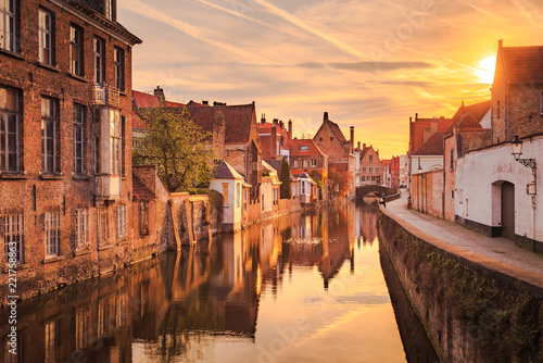 Historic city of Brugge at sunrise, Flanders, Belgium photo