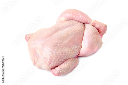 Fresh raw whole chicken on white background