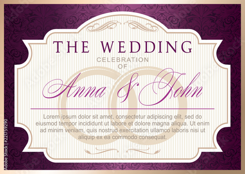 wedding invitation template. gold and violet, marsala, purple color, elegant, luxurious with baroque ornament (congratulation, postcard, banner, invitation)