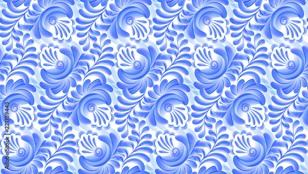 Blue vector flowers seamless pattern tile in Russian Gzhel style