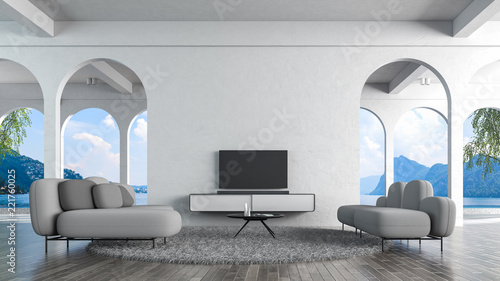 Fototapeta Naklejka Na Ścianę i Meble -  Modern loft living room white concrete wall 3d rendering. TV mockup