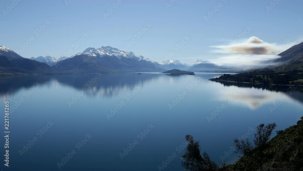 Beautiful landscape clip of a serene lake in New Zealand on the way to Paradise Beautiful landscape clip of a serene lake in New Zealand on the way to Paradise