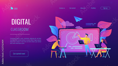 Students with laptop and lector in front of interactive board. Digital classroom landing page. Blended learning and smart classroom, modern education. Vector illustration on ultraviolet background