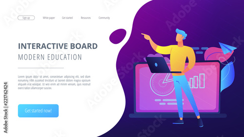 Lector with laptop at interactive board. Modern education and interactive board landing page. Blended learning and smart classroom, modern education. Vector illustration on ultraviolet background © Visual Generation