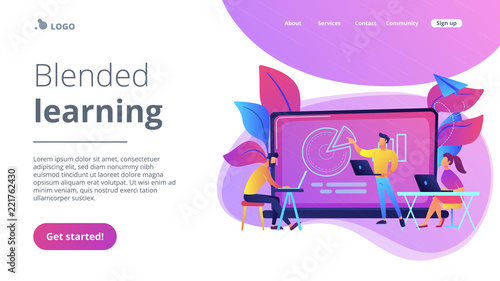 Students with laptops sitting around lector behind interactive board. Blended learning landing page. Digital and smart classroom, modern education, violet palette. Vector illustration on background