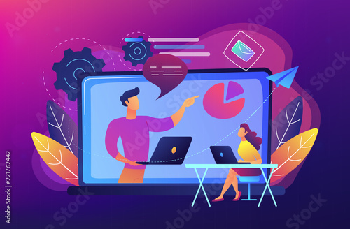 Student with laptop and lector at the LCD screen. Webinar, web seminars, webcasts, and peer-level web meetings. Modern education and sessions concept. Vector illustration on ultraviolet background.