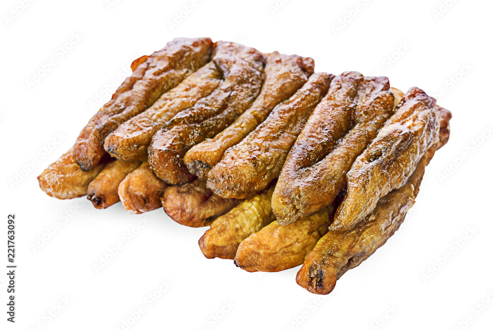 dried bananas (honey baked bananas) on white background, Thai preserved food dried bananas (honey baked bananas) on white background, Thai preserved food
