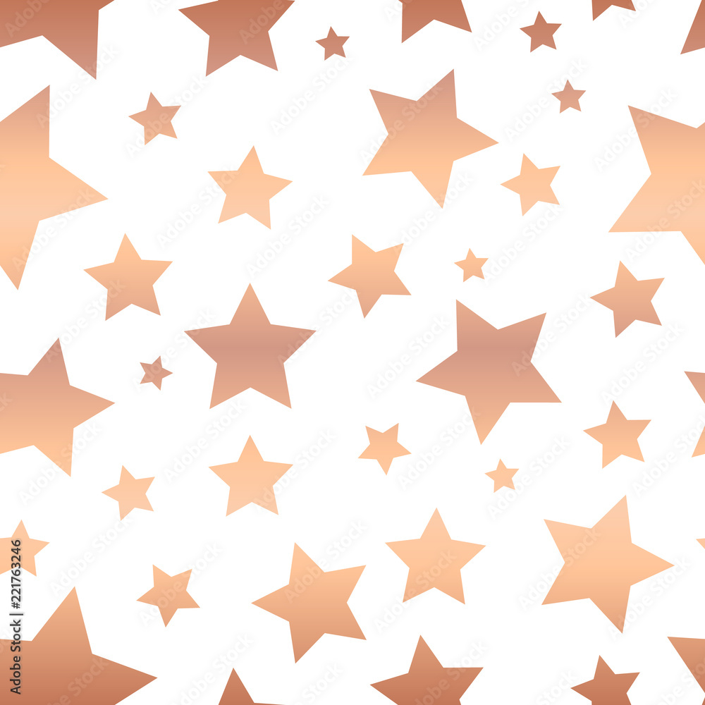 Shiny copper foil stars seamless vector pattern. Rose golden star shapes on white background. Shiny night sky. Elegant & fancy design for web banner, digital paper, gift wrap, card, birthday, wedding Shiny copper foil stars seamless vector pattern. Rose golden star shapes on white background. Shiny night sky. Elegant & fancy design for web banner, digital paper, gift wrap, card, birthday, wedding