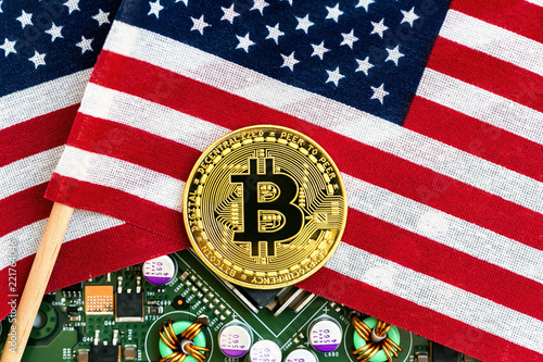 Wallpaper Mural Bitcoin cryptocurrency coin with the national flag of the United States Torontodigital.ca