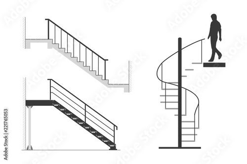 Set of steel stair with silhouette of man go down spiral staircase, vector illustration