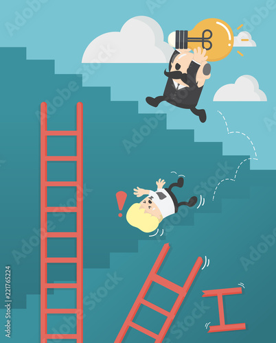 Businessmen who are up the ladder of success with bulbs. Success does not have a shortcut.