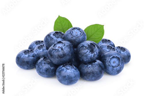 pile of blueberry with green leaf isolated on white background