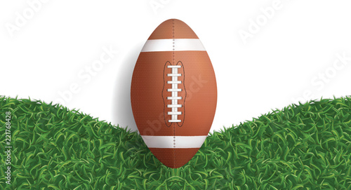 American football ball with green grass texture background. Vector.