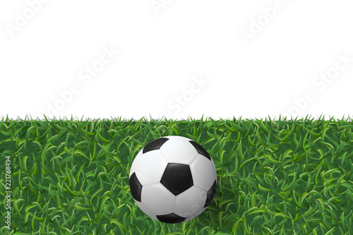 Soccer football on green grass texture background. Vector.