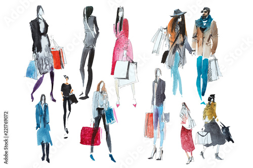 Hand drawn watercolor people with shopping bags. Fashion, sale, autumn.