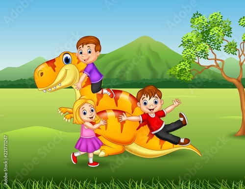 Cartoon little kid playing with a dinosaur in the jungle